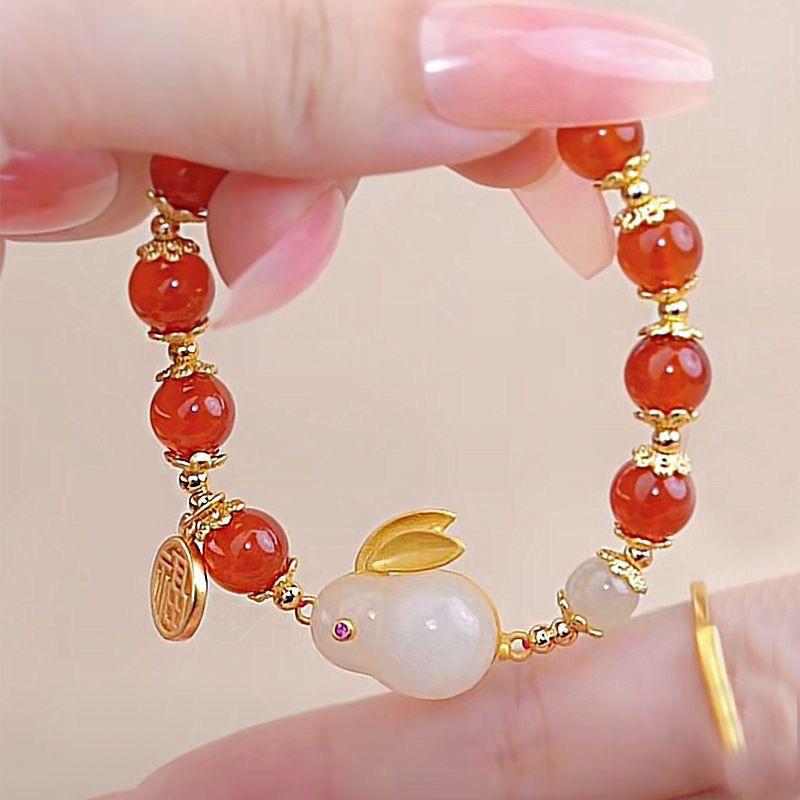 Clearance: Nafu Jade Rabbit Zodiac Bracelet - Ancient Style Red Agate Hand Rope Gift for Women