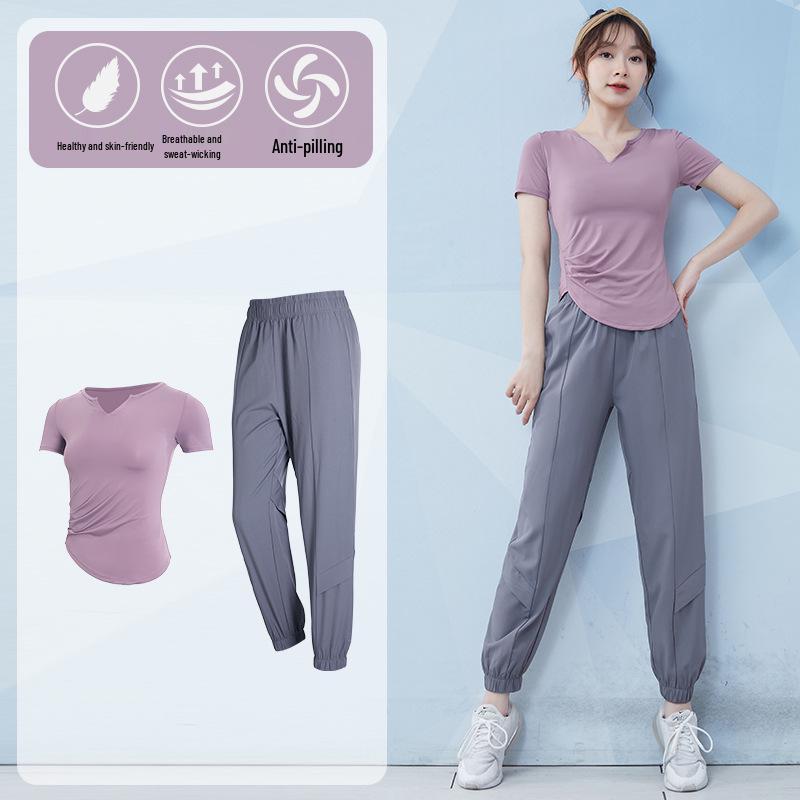 

Женский быстросохнущий летний спортивный комплект: Футболка для бега с коротким рукавом и высококачественный костюм для йоги M