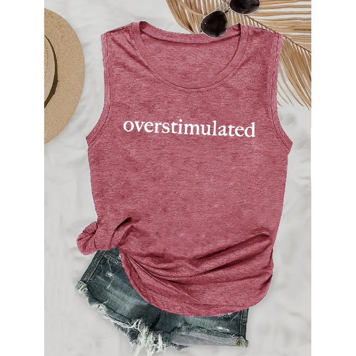 Elegant Vest for Women “overstimulated” Letter-printed casual loose-fitting summer vest Fashionable and elegant tops for commuting, vacation, and S кирпич красный