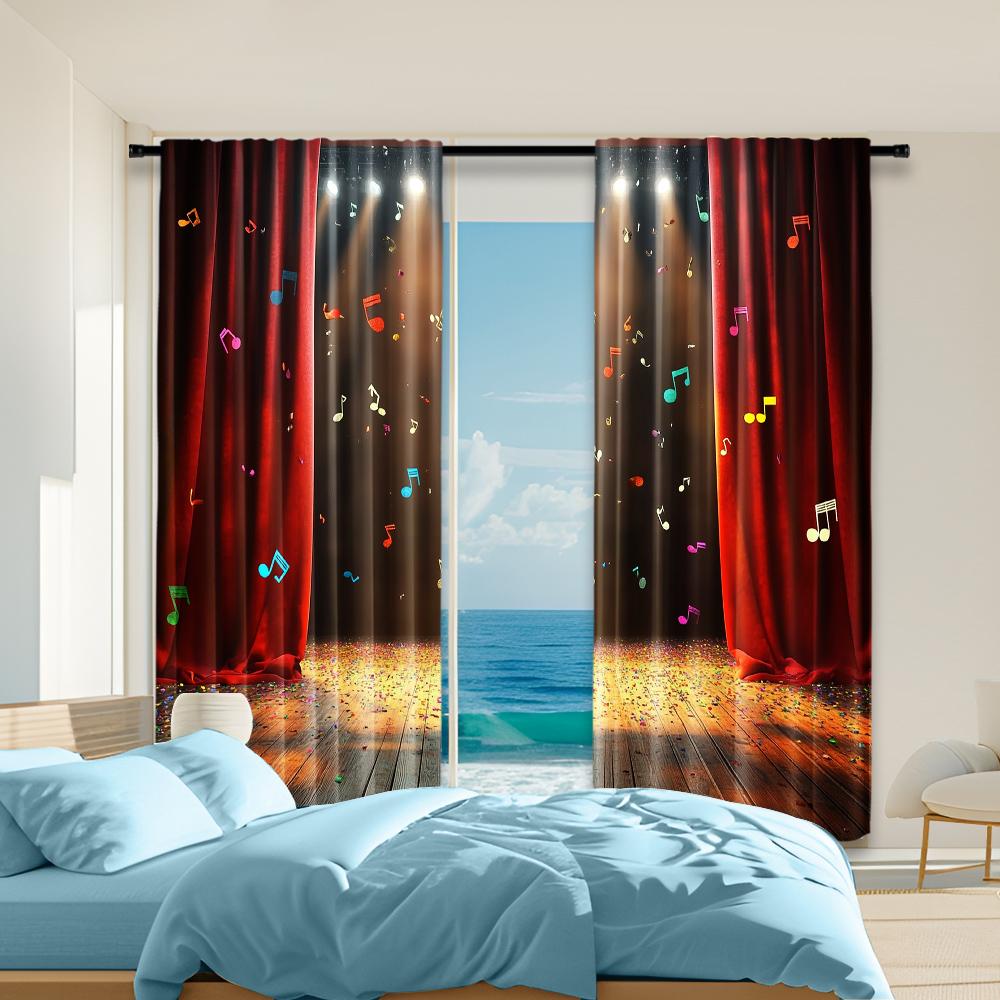 

2 шт., универсальные полиэстеровые прозрачные шторы для украшения дома Красная штора с нотами для использования в спальнях и 29x65in(75x166cm)