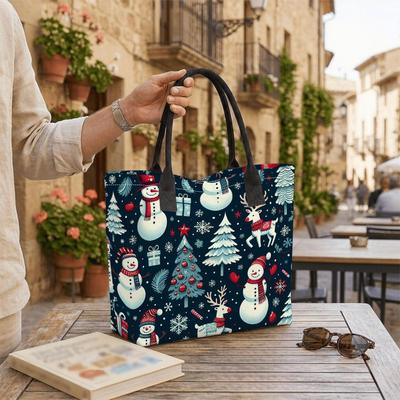  Christmas Snowman Print Casual Tote Bag Fashion Large Capacity Shoulder Handbag for Daily Use