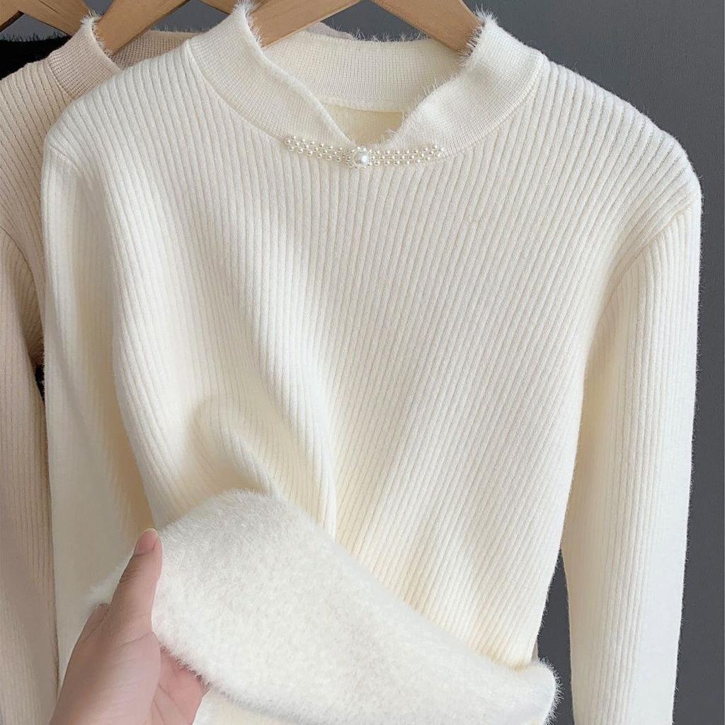 Retro Buckle Chinese Style One-piece Velvet Knitted Sweater for Women Half High Collar Thickened Warm Pullover Casual Velvet Sweater Autumn Winter