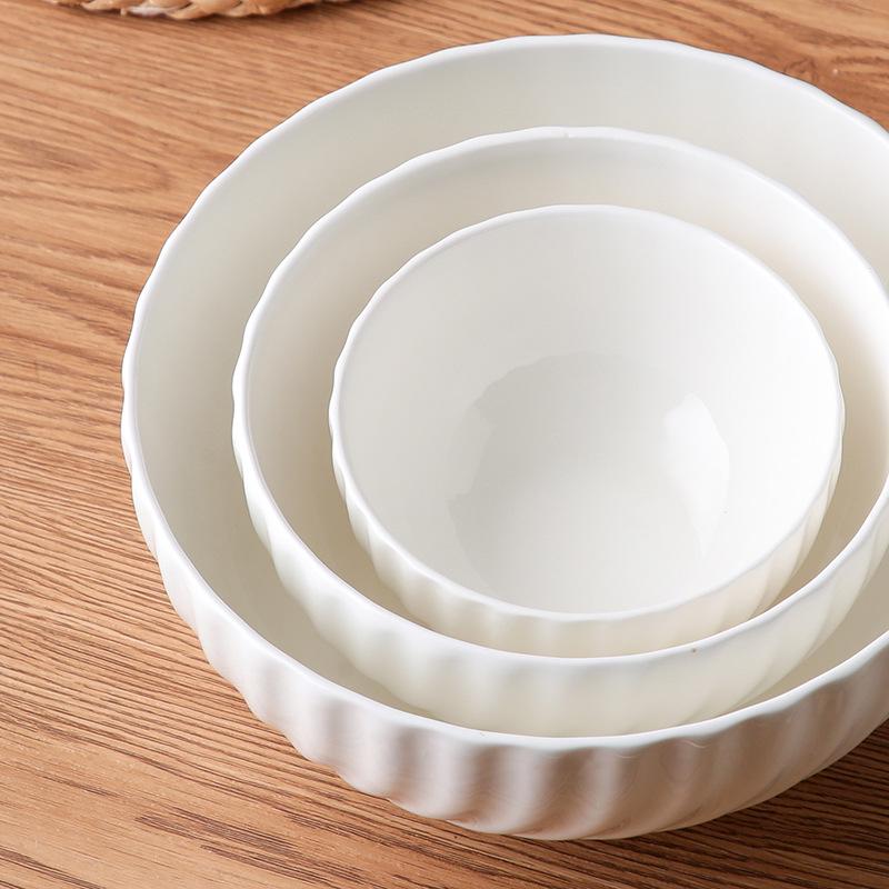Chaozhou White Porcelain Embossed Rice & Salad Bowls, Pure White, Multi-size Options for Eating and Serving
