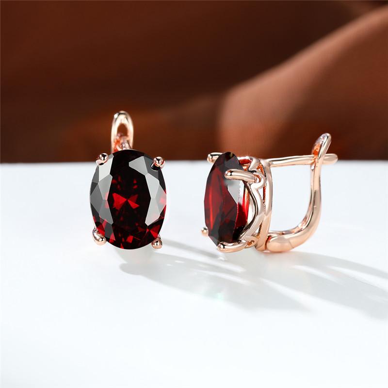 Crystal Female White Red Oval Stone Clip Earrings Rose Gold Color Multicolor Zircon  Wedding Jewelry For Women