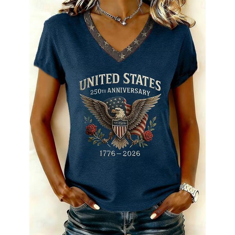 

Women s T Shirt Print Graphic Flag Vintage Stylish Classic Short Sleeve V Neck Regular Tops Summer Spring S