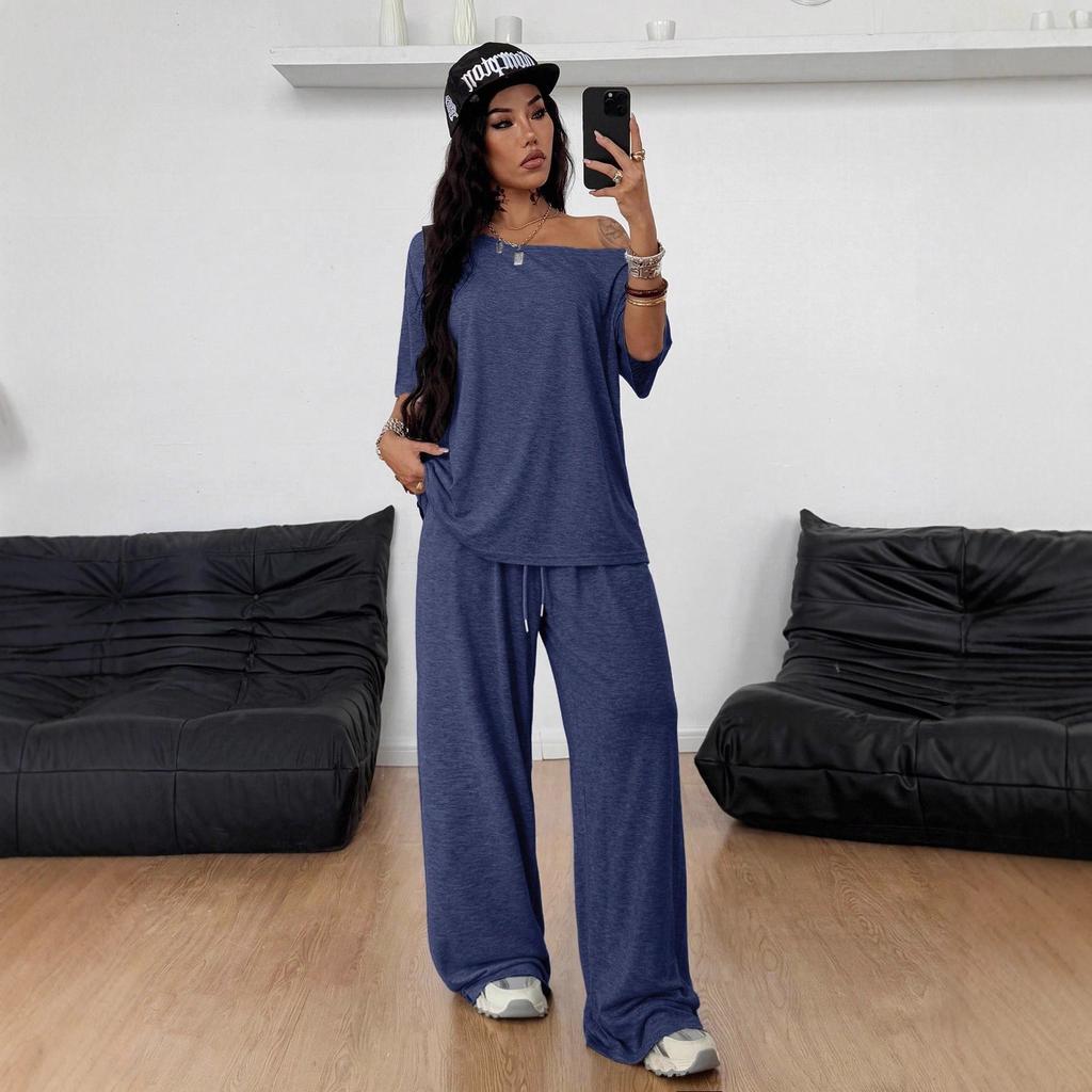 Brown Off Shoulder Short Sleeve Top and Wide Leg Pants Casual Sport Two Piece Set