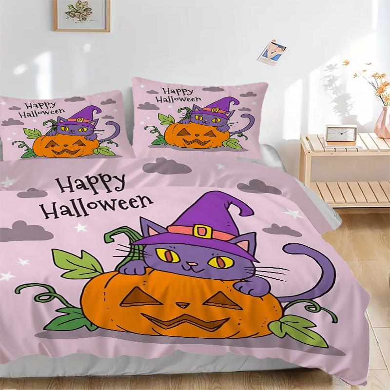 3pcs Happy Halloween Purple Wizard Cat & Pumpkin Pattern Bedding Three-Piece Set (1 Cover + 2 Pillowcases, No Fillings), This Printed Bedding Set