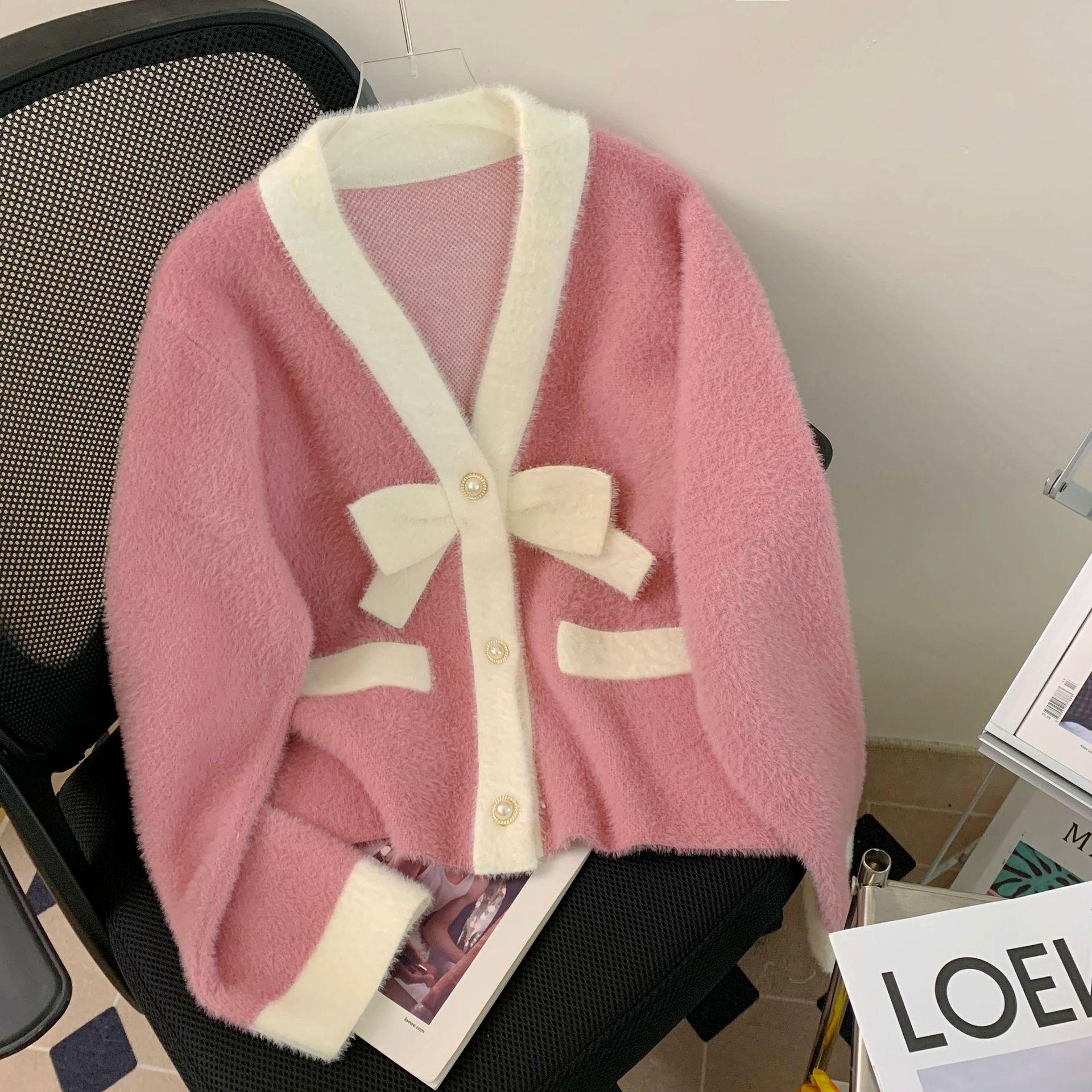 

Осенне-зимний женский свитер из искусственного норкового бархата с v-образным вырезом, маленький вязаный кардиган в парфюмерном стиле, короткая куртка One Size розовый