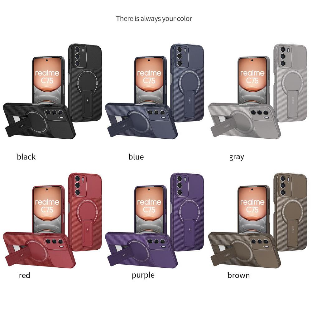 Carbon Fiber Invisible Stand Holder Built-in Magnetic Ring Case for Realme C75 Realme 14 5G Camera Protection Cover