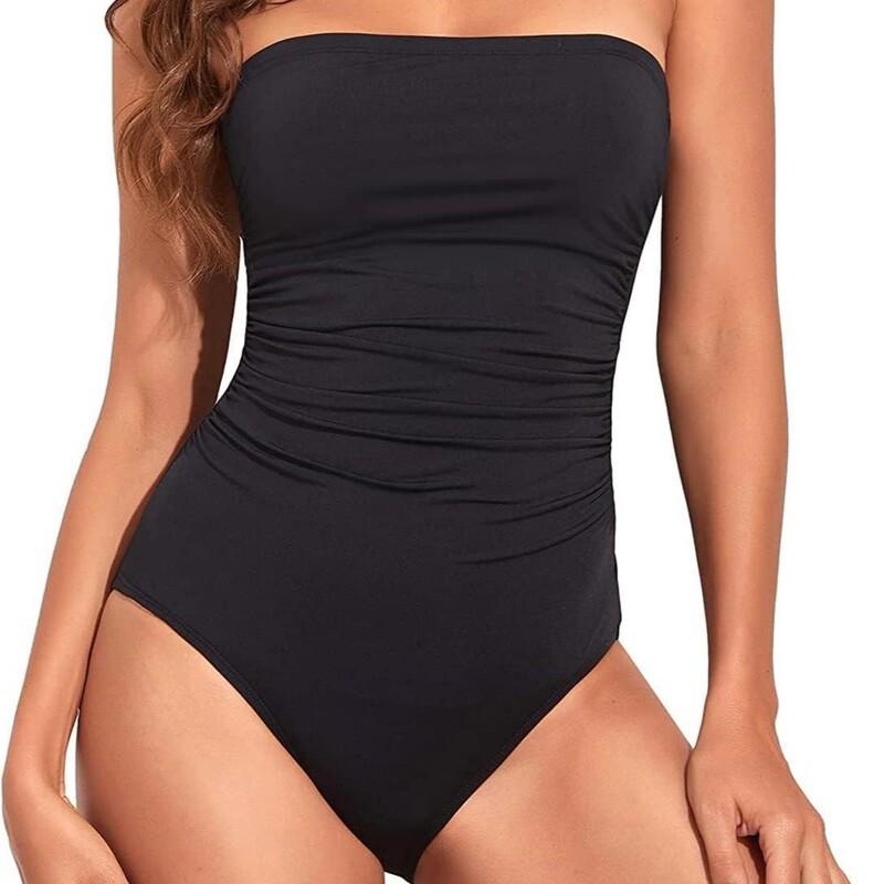 Solid Color Womens One Piece Swimsuit With Detachable Straps Ruched Bust Tummy Control Backless Design