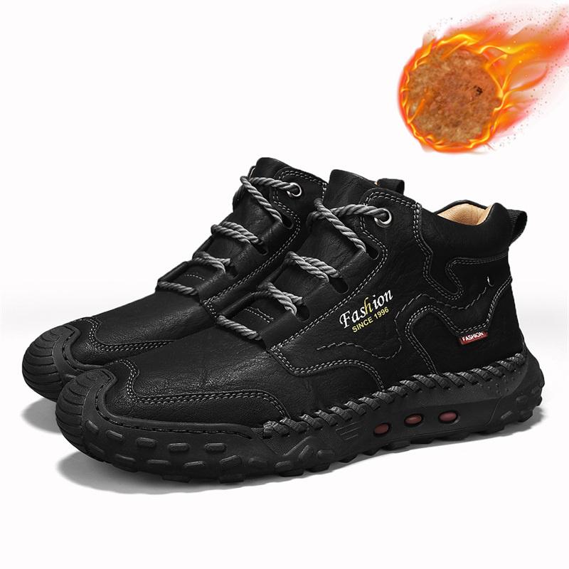 Mens Handmade Casual Leather Loafers Casual Shoes High Boots Leather Winter Sport for Men Soft and Comfortable Non-slip Cotton-padded Ankle Boots