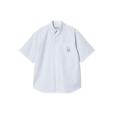 Pattern Embroidered Striped Loose Short Sleeve Shirt Men Shirts Blue I033028-21Z-XX