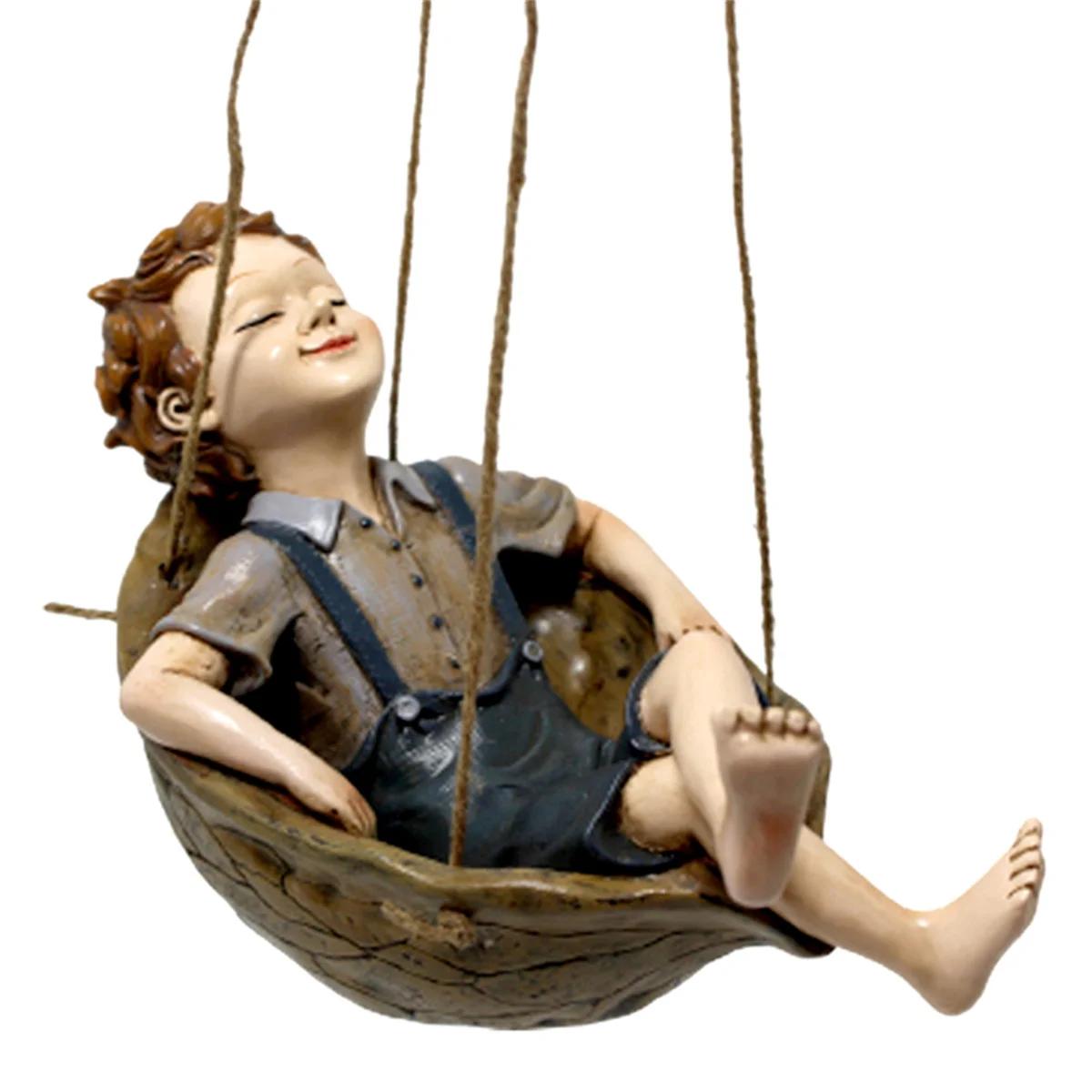 

1pc Swing Boy Statue, Leisurely Atmosphere Garden Accessories, Resin Sculpture Ornament for Home Office Desktop Living Room Book