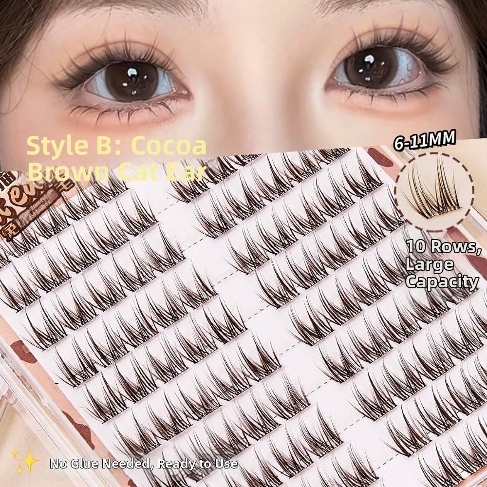 

100 Cluster Easy to Wear DIY Lashes Extension 6-11MM 10 Rows Fake Eyelashes Daily/Party Cocoa Brown Cat Ear
