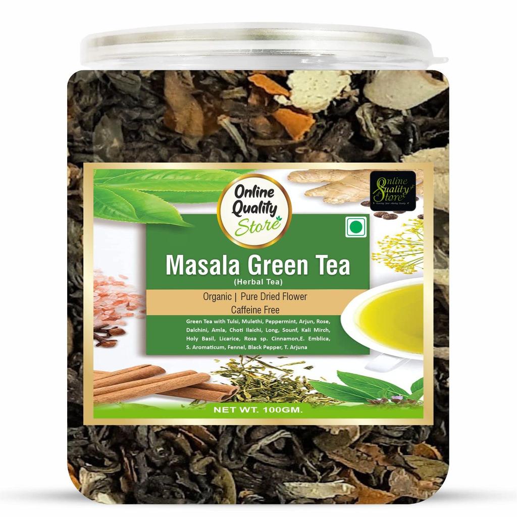 Online Quality Store Natural Masala Green Tea - 100g | Blended with Ayurvedic Herbs | Whole Leaf Blend