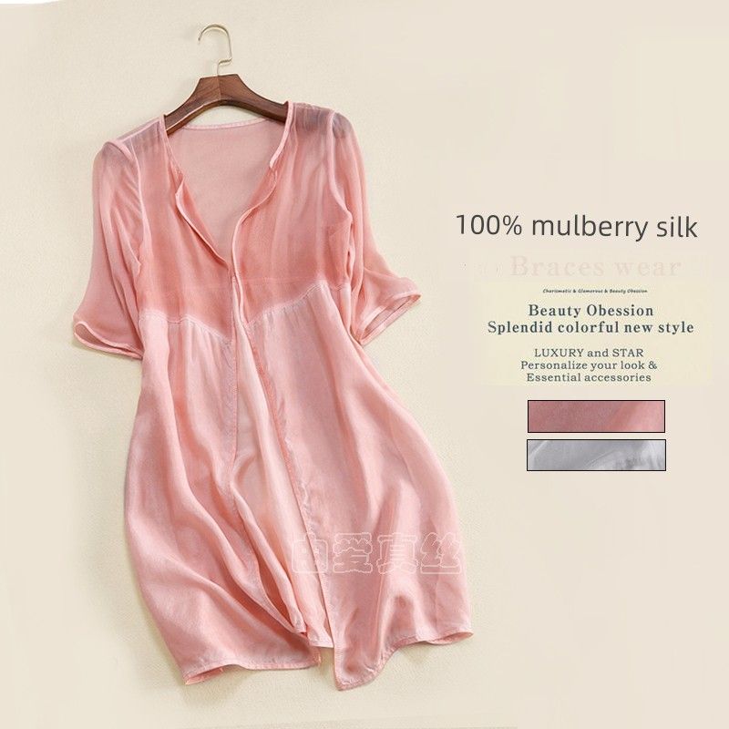 

European and American Thin Cardigan Small Coat Shawl 100% Silk Pink M