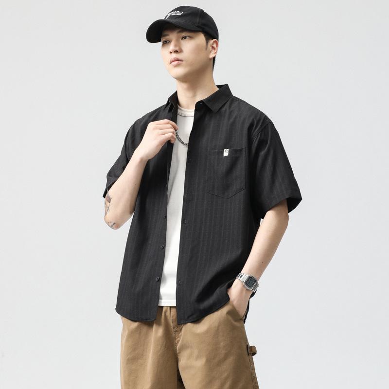 Summer Jacquard Ice Silk Work Shirt Style Men's Summer Lapel Loose Short-sleeved Shirt