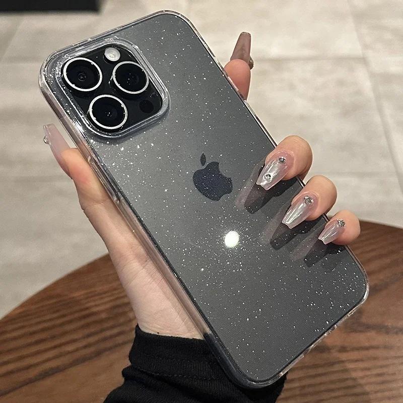 Trransparent Glitter Case For iPhone 15 14 13 11 12 Pro Max Plus X XS Max XR Bling Clear Soft Silicone Cover funda