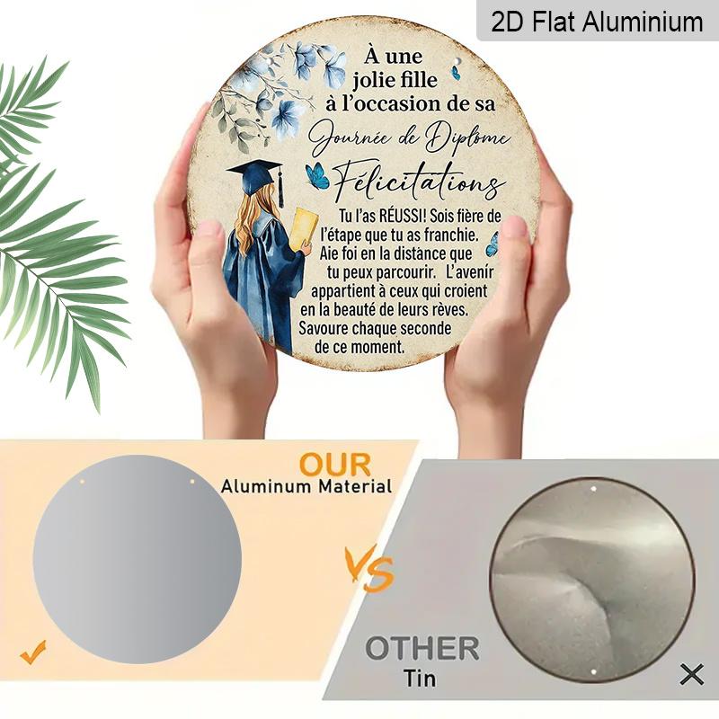 2D Flat - A Vintage Decorative Plaque Measuring 7.87X7.87 Inches, Featuring a Round French Aluminum Sign with a "Congratulations on Your Graduation