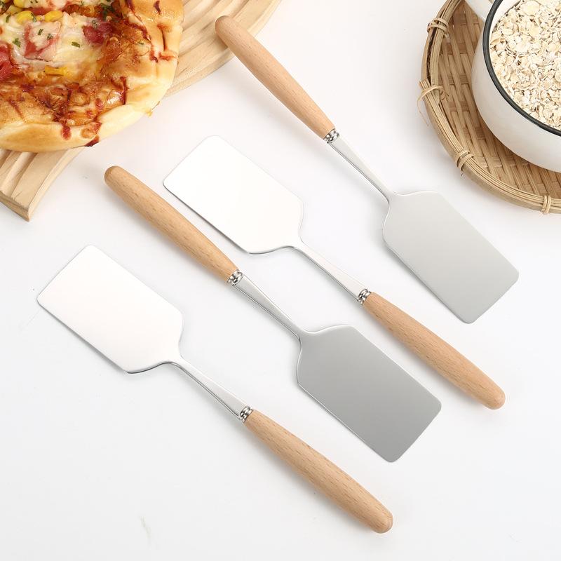 Stainless Steel Square Head Steak Cooking Shovel Wood Handle Pizza Shovel Pancake Beef Pan Shovel BBQ Utensils for Kitchen