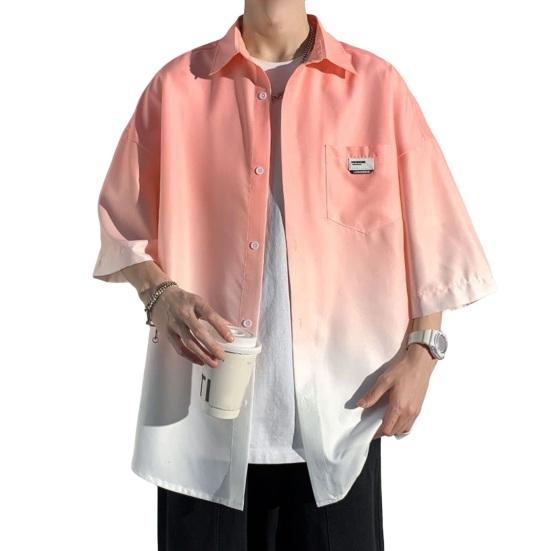 Wiosna Jesień Męska Koszula Kołnierzyk Kent Gradient Kolorowy Blok Pół Rękawa Zapinana na Guziki Kardigan Luźny Streetwear Młody