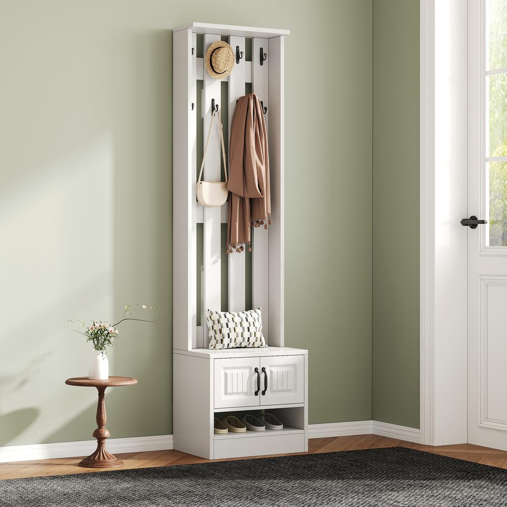 Panca portascarpe, armadietto per scarpe, mobili per corridoio, con 2 ante, con pannello posteriore con 8 ganci, bianco, L50/P36/A190cm(L×P×A)