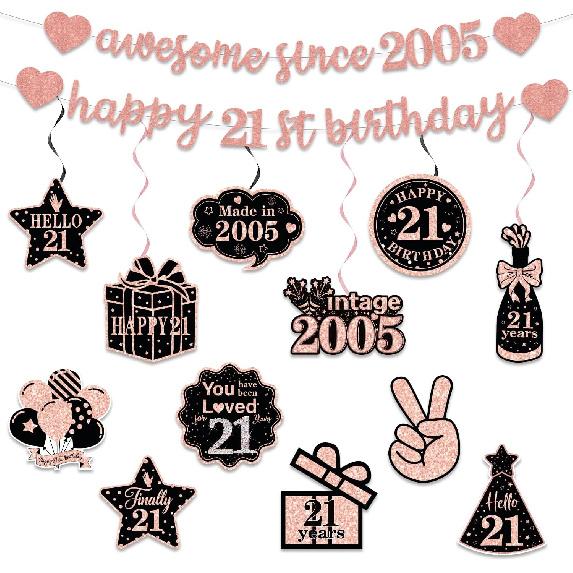 Pre-Strung 21st Birthday Banner Decorations for Her, Rose Gold Happy 21st Years Birthday Awesome Since 2005 Hanging Swirls Party Decor Supplies Rose Gold 21st 2005