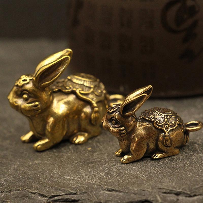 Chinese Year Antique Solid Copper Zodiac Lucky Rabbit Statue Ornament Vintage Copper Key Chain Figurine Decoration