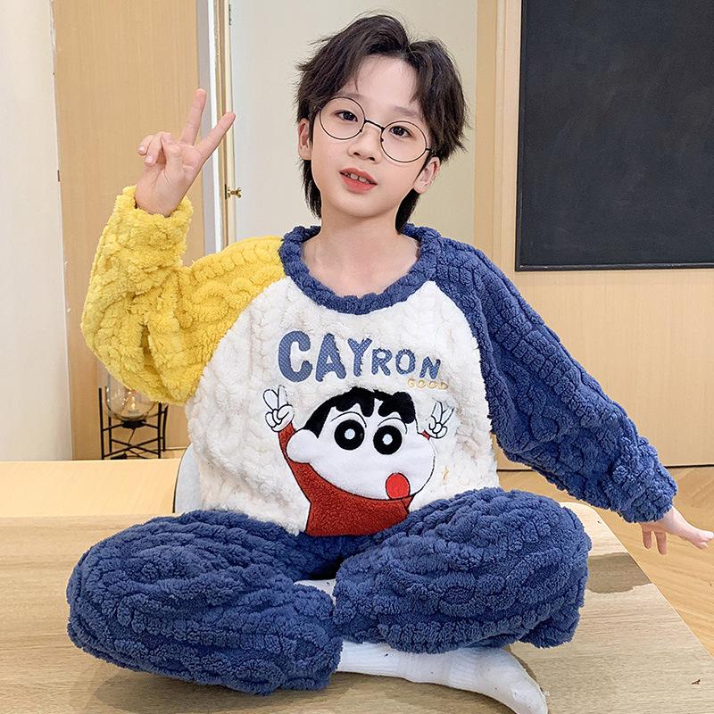 Kids Flannel Pajamas Set Boys Girls Warm Long Sleeve Top And Pants Sleepwear Winter Home Nightwear