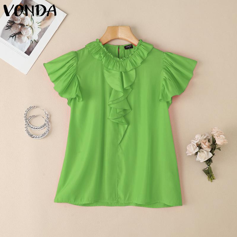 

VONDA Summer Women Flounce Short Sleeve Casual Pleated Blouse 5XL зелёный