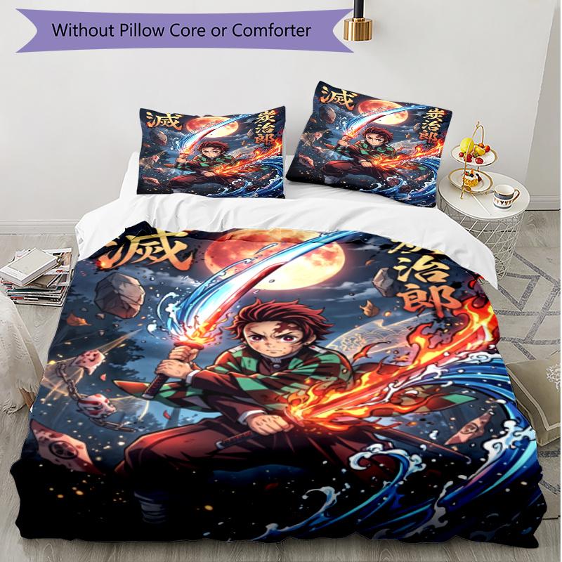 3pcs Duvet Cover Set (1*Duvet Cover + 2*Pillowcase, Without Core), Demon Slayer Print Soft All‑Season Bedding Set, Home Bedroom Decor Gift