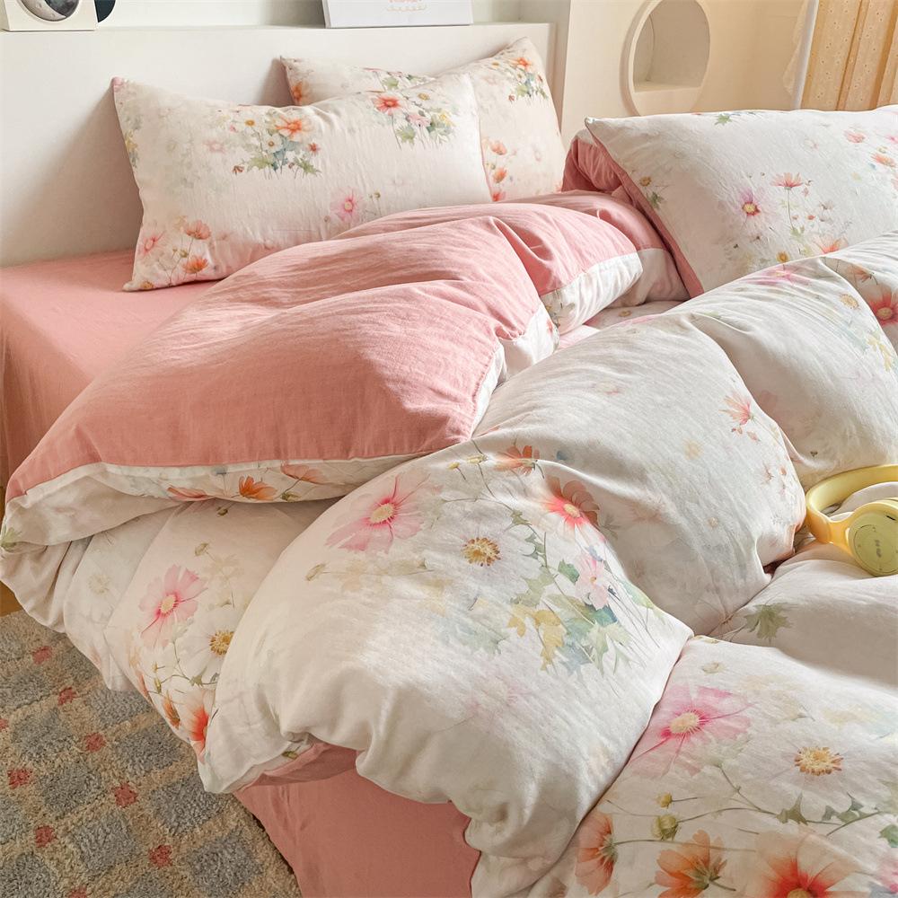 Pure Cotton Class A Maternal And Infant Grade Double-Layer Yarn Four-Piece Set, Summer Breathable Small Floral Dormitory Can Be Washed Without Pilling