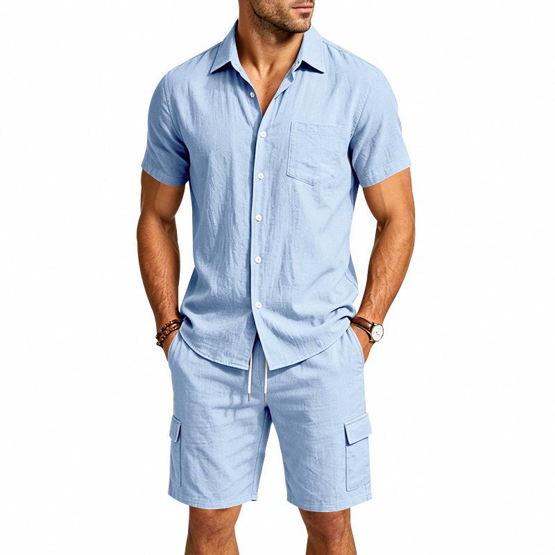 Men's Summer Linen Lapel Casual Shirt & Shorts Set: Breathable Cotton Two-Piece Workwear