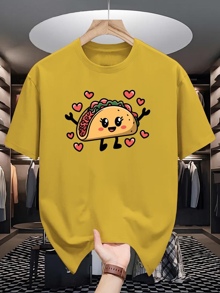 Unisexs Crew Neck T Shirt Cute Cartoon Taco With Hearts Graphic Short Sleeve Casual Cotton Mexican Food Lover Streetwear Tees