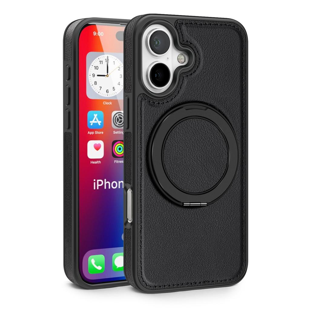 For iPhone 16 Magnetic Case Rotate Ring Kickstand PU Leather+PC+TPU Back Cover