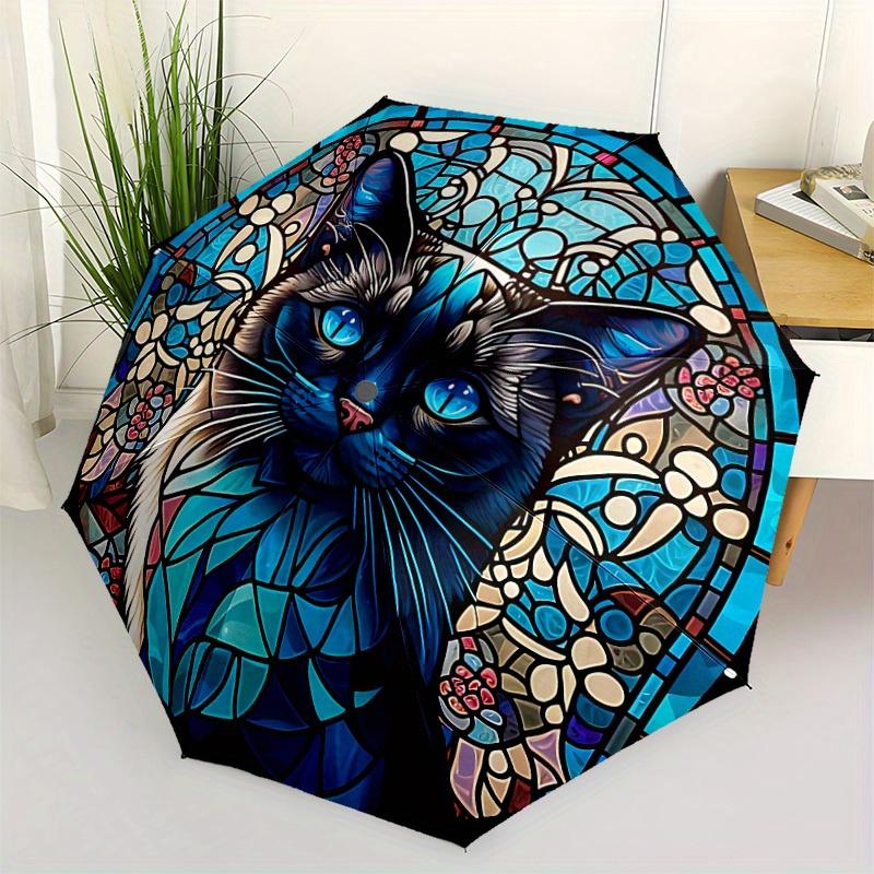 1pc Blue Cat Art Automatic Open/Close Umbrella, Umbrella with Cartoon Design, Portable Compact Umbrella for Men & Women, Good Holiday Gift Y