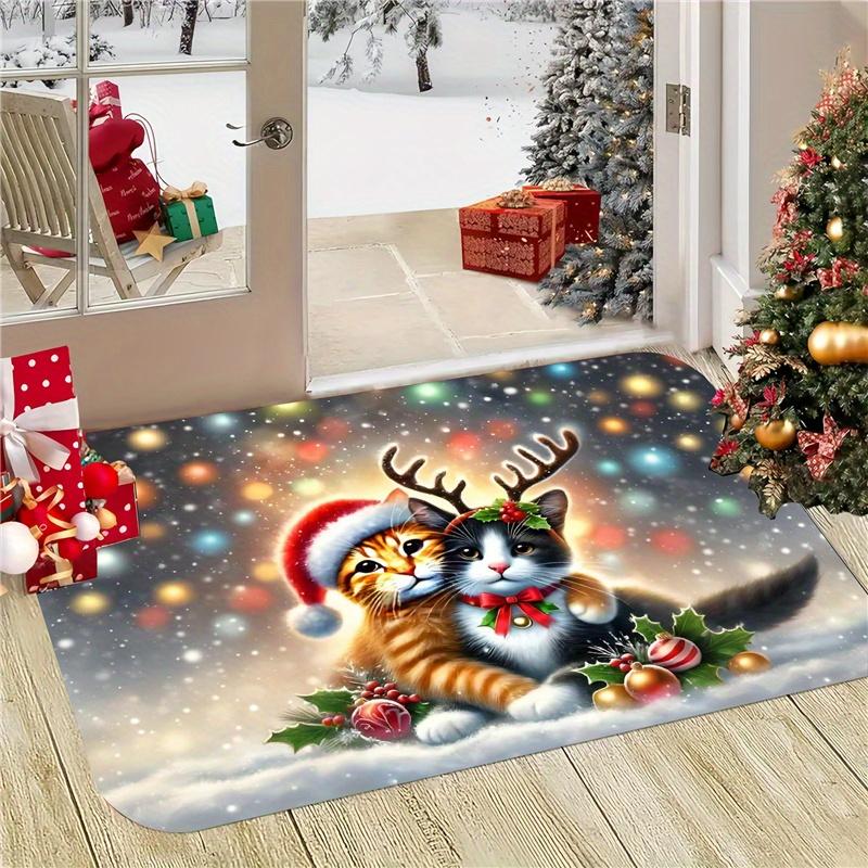 

Christmas Cat Welcome Doormat, Festive Holiday Flannel Rug, Indoor Outdoor Comfortable Door Carpet for Home Decor 40x60cm