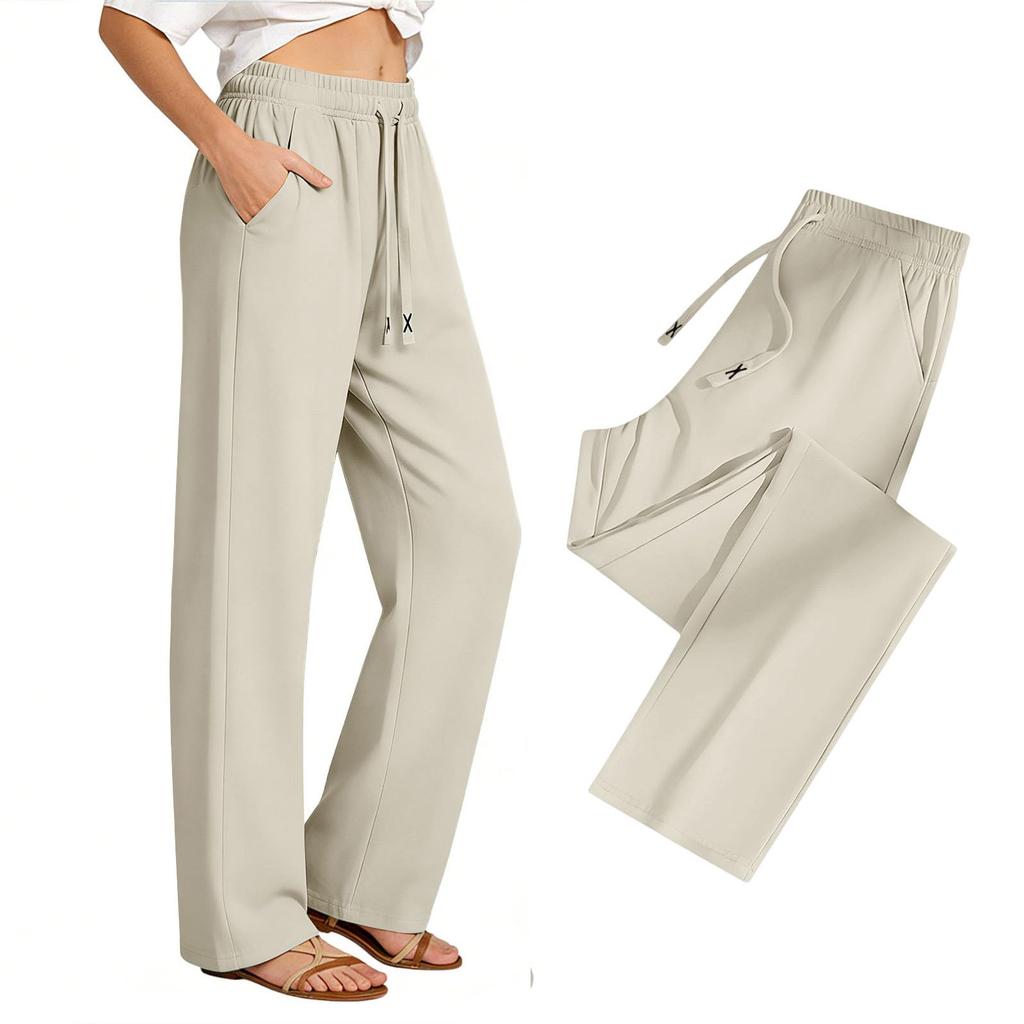 Women's Loose Fit Wide Leg Drawstring Waist Pants with Pockets Casual Straight Leg Trousers for Everyday Wear