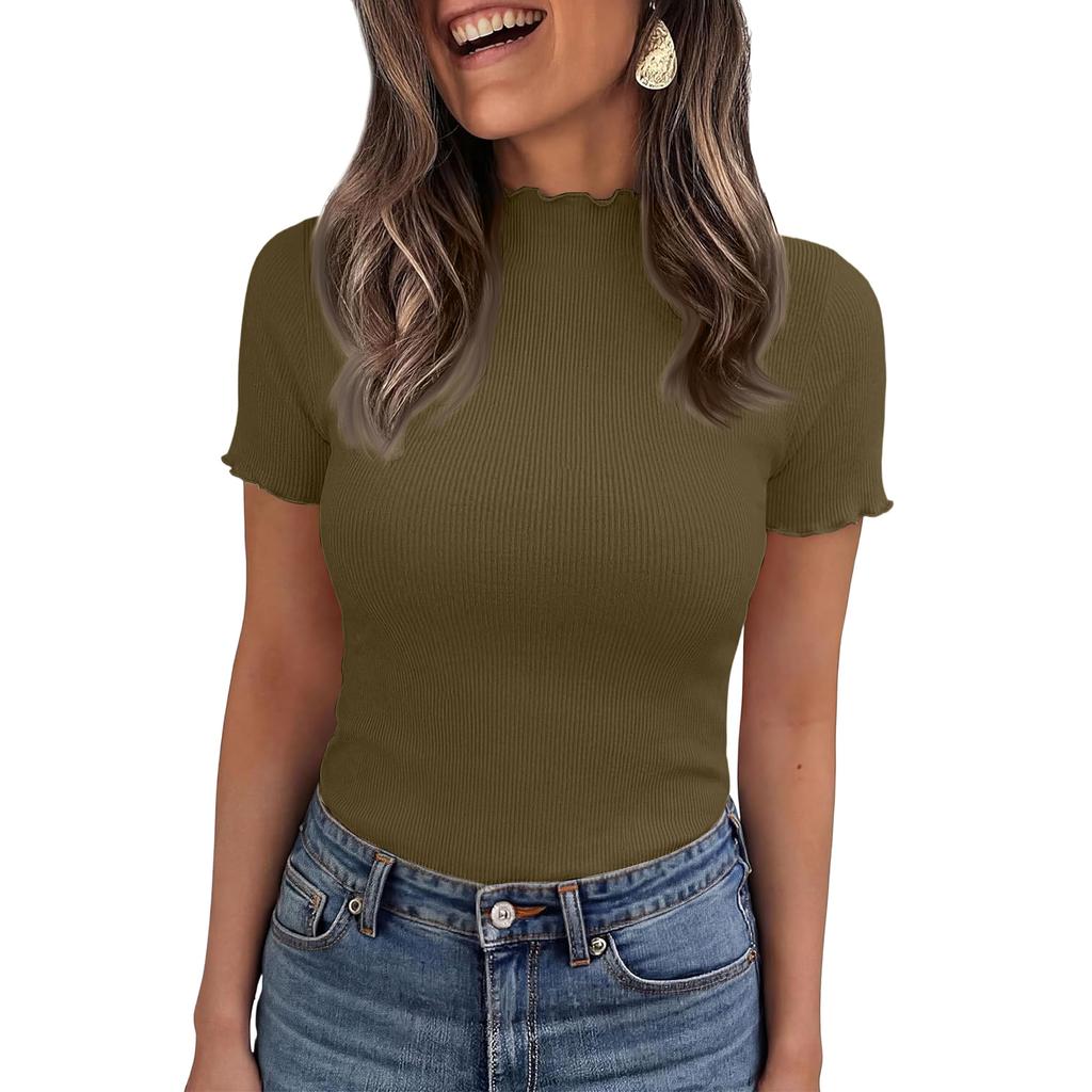 Ribbed Knit Short Sleeve Blouses for Women Casual Mock Neck Women's Short Sleeve Tops Stretchy Slim Fit Womens Short Sleeve Blouses Pullover Style