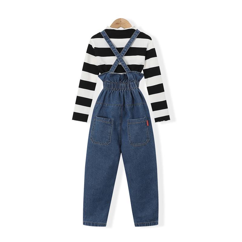 Mengtejiao Girl's Striped Long-Sleeve Denim Overalls 2-Piece Set