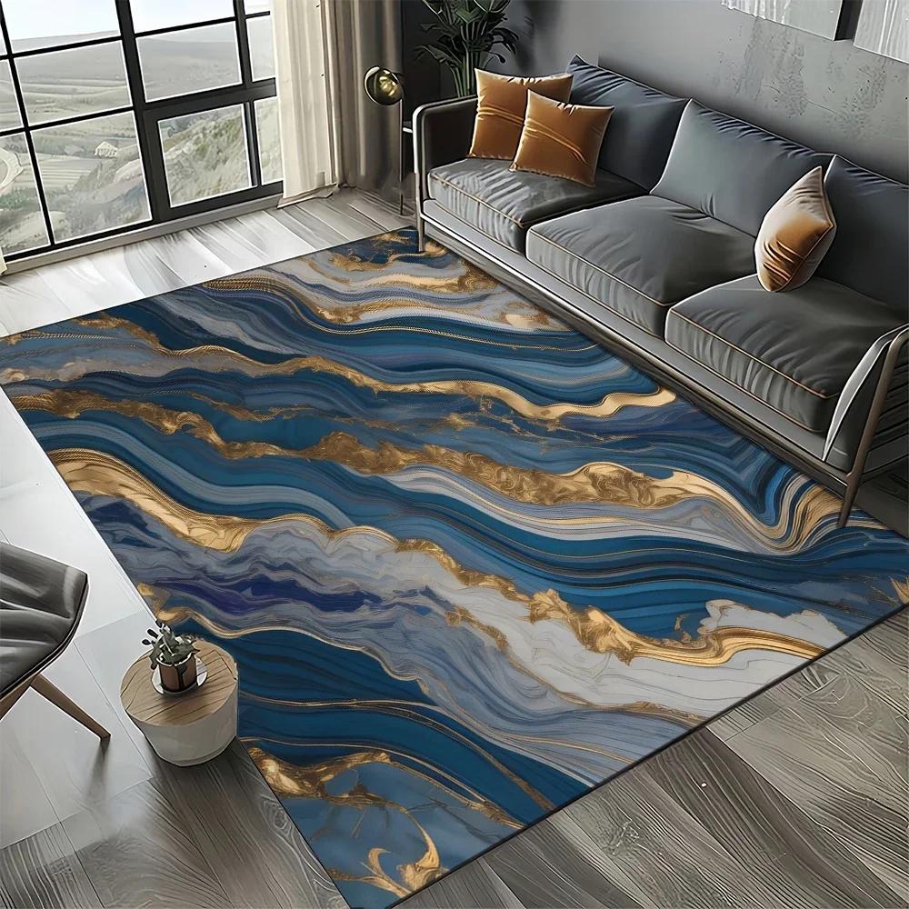 Smaragdgrüner und goldener Teppich – Luxuriöses Marmor-inspiriertes Muster für Wohnzimmer oder Schlafzimmer, rutschfest, elegante Heimdekoration