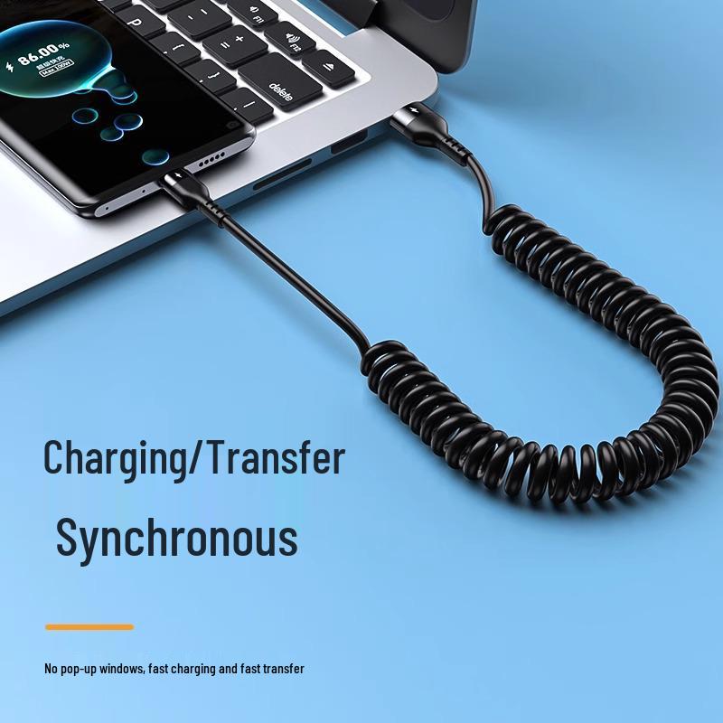 120W Dual Type-C Spring Retractable Data Cable for Fast Charging, Compatible with Apple, Huawei, and Honor