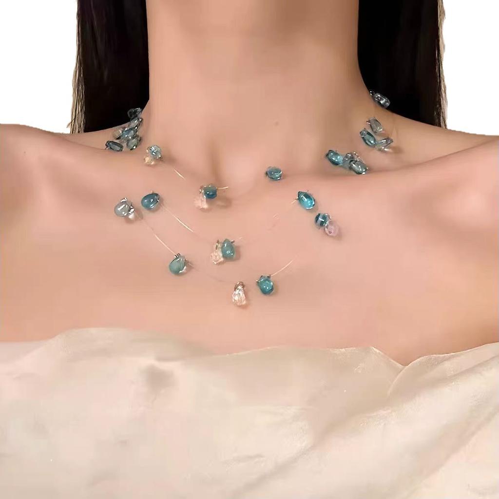 [Mermaid Tears] Summer cold blue water drop necklace multi-layered collarbone chain high-grade temperament neck chain