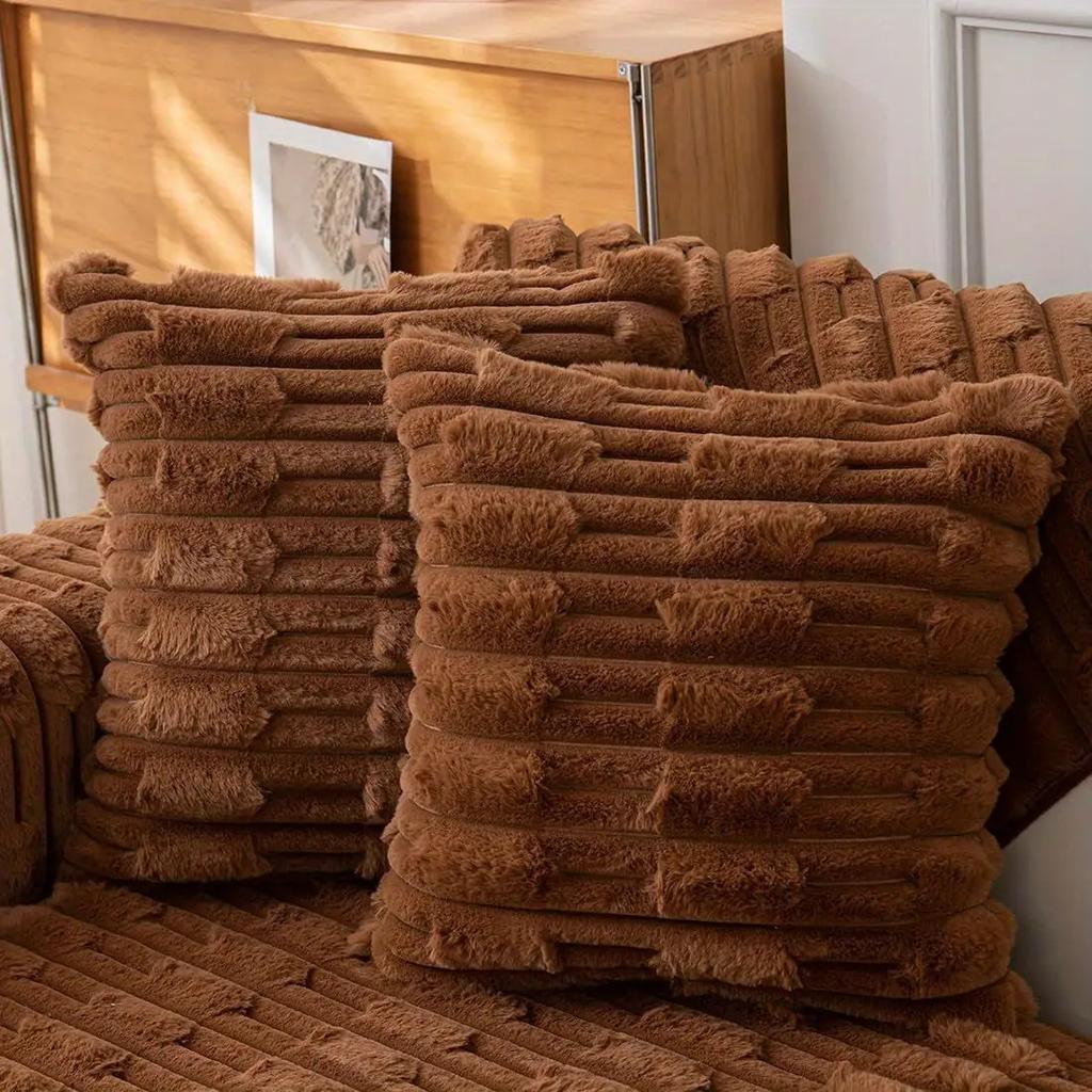 2pcs Set of Soft and Warm Striped Faux Fur Waist Pillow Covers, Cream Color Series, Fluffy Velvet Cushion Covers, Without Pillow Core