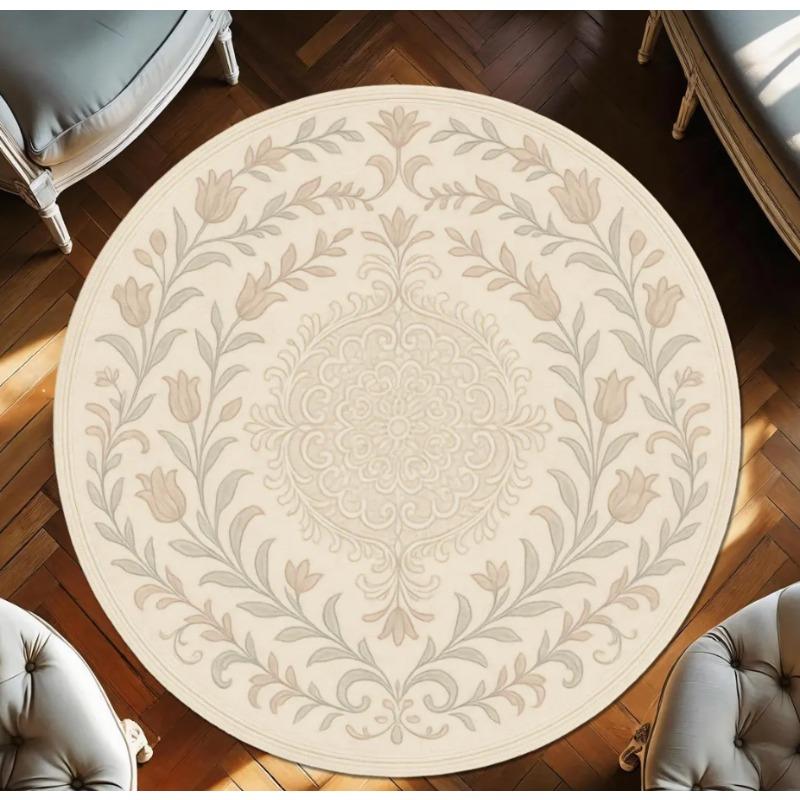 Simple Chinese Style Round Carpet Retro Floral Printed Rug Living Room Dressing Room Bedroom Non Slip Floor Mat Home Decoration