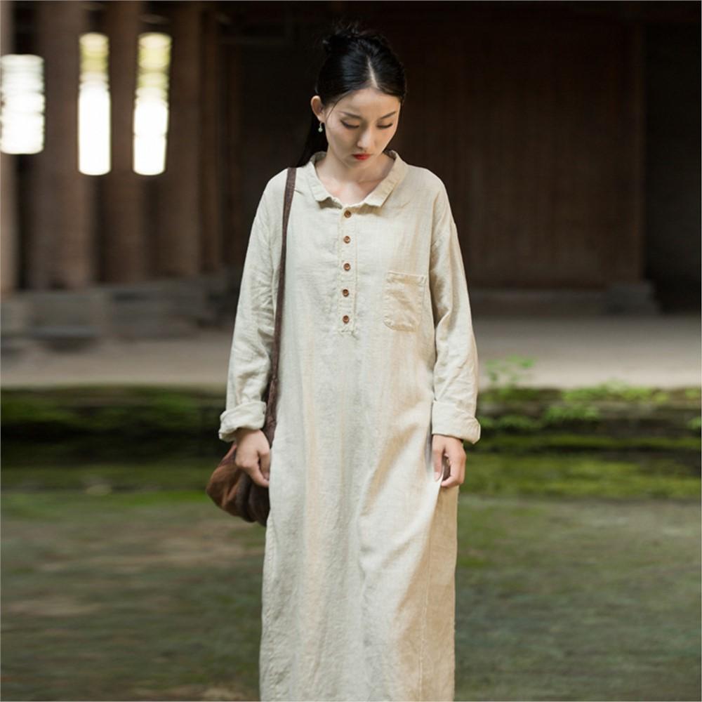 

Johnature Women Vintage Shirtdress Turn-down Collar Long Sleeve Autumn Solid Color A-Line Dress One Size бежевий