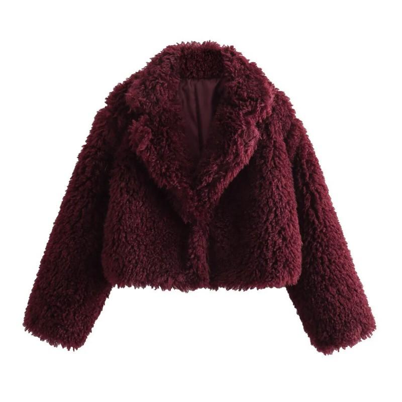 Womens Warm Fuzzy Casual Coat Soft Plush Outerwear Short Length Hoodless Turn-Down Collar Sweater Style