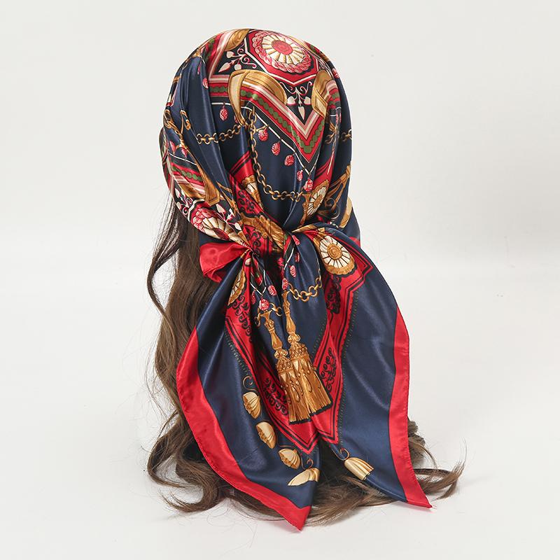 Satin Square Scarf Women Muslim Hijab Elegant 2026 Chains Print Neckerchief Shawl Wraps Headband Handle Hair Accessories Bandana