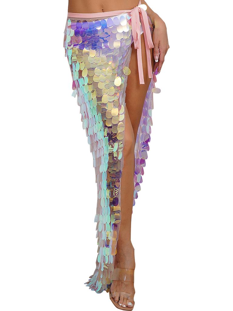 Festival- und Bühnentanzrock für Damen in den Größen S-XL: Langer Hüftwickel im Meerjungfrauenstil mit Glitzerpailletten und Schnürung am Rücken, Halloween-Outfit