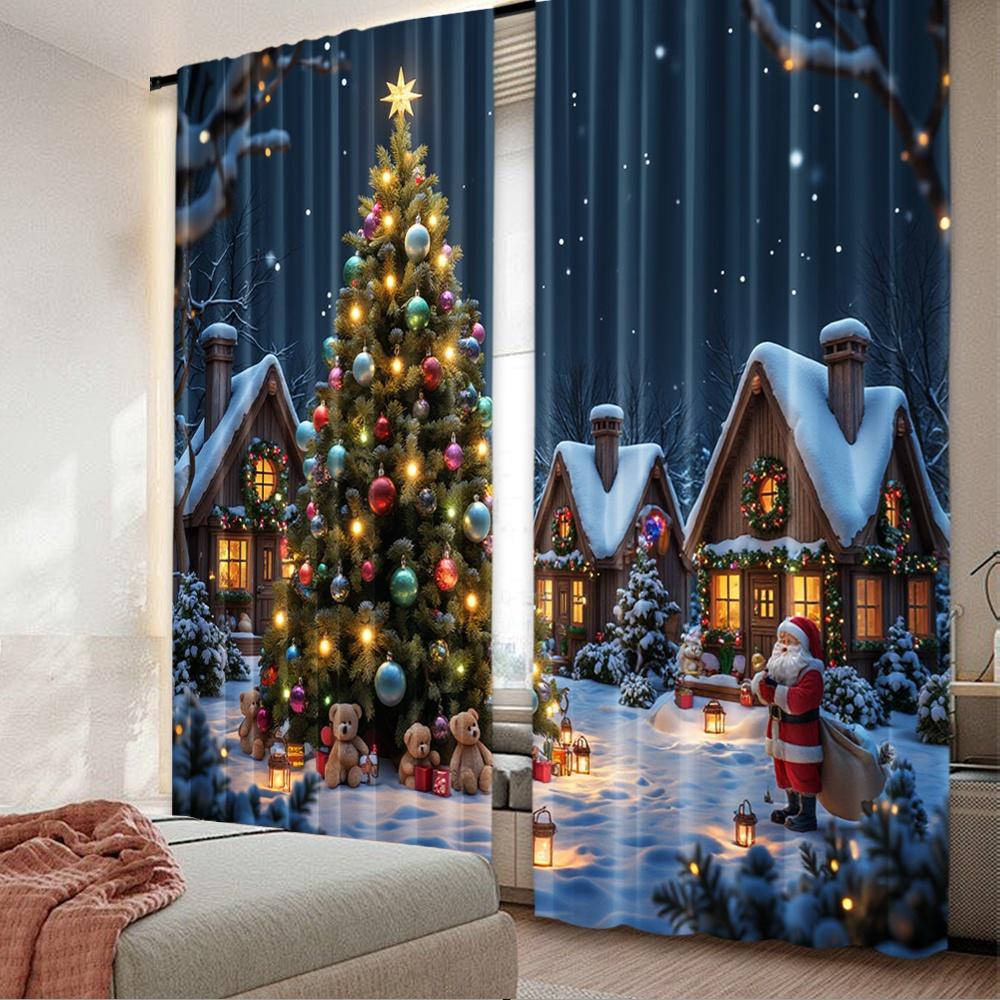

Set Of 2 Flat Printing Fashionable Christmas Curtains Village Digital Printed Polyester Drapes Birthday Party Made W100*H70(CM)-Grommet top&1PCS